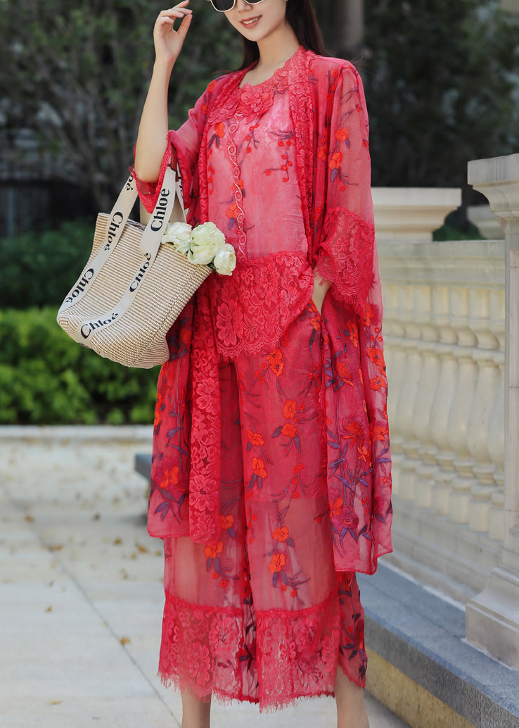 VCSHOES Red Embroidered Pockets Lace Patchwork Three Pieces Set Spring