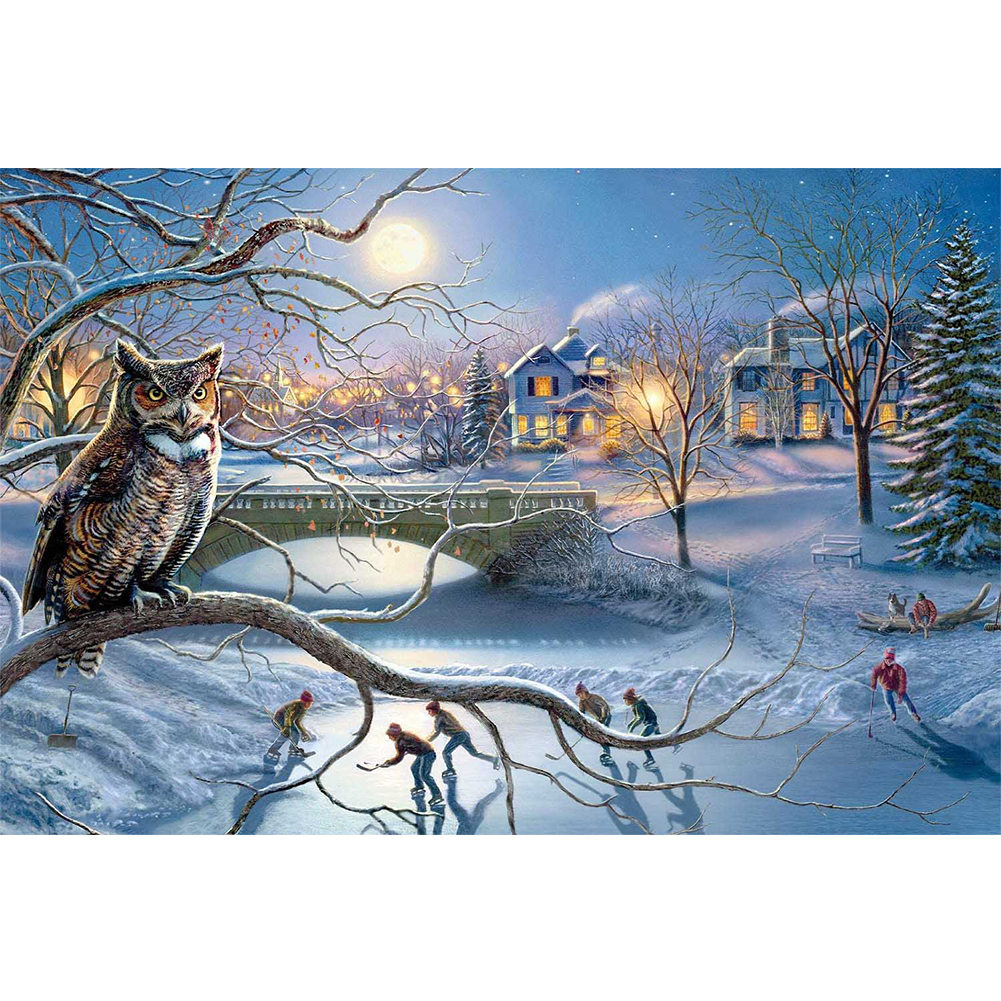 

45*30CM - Round Drill Diamond Painting - Branch Owl, 501 Original