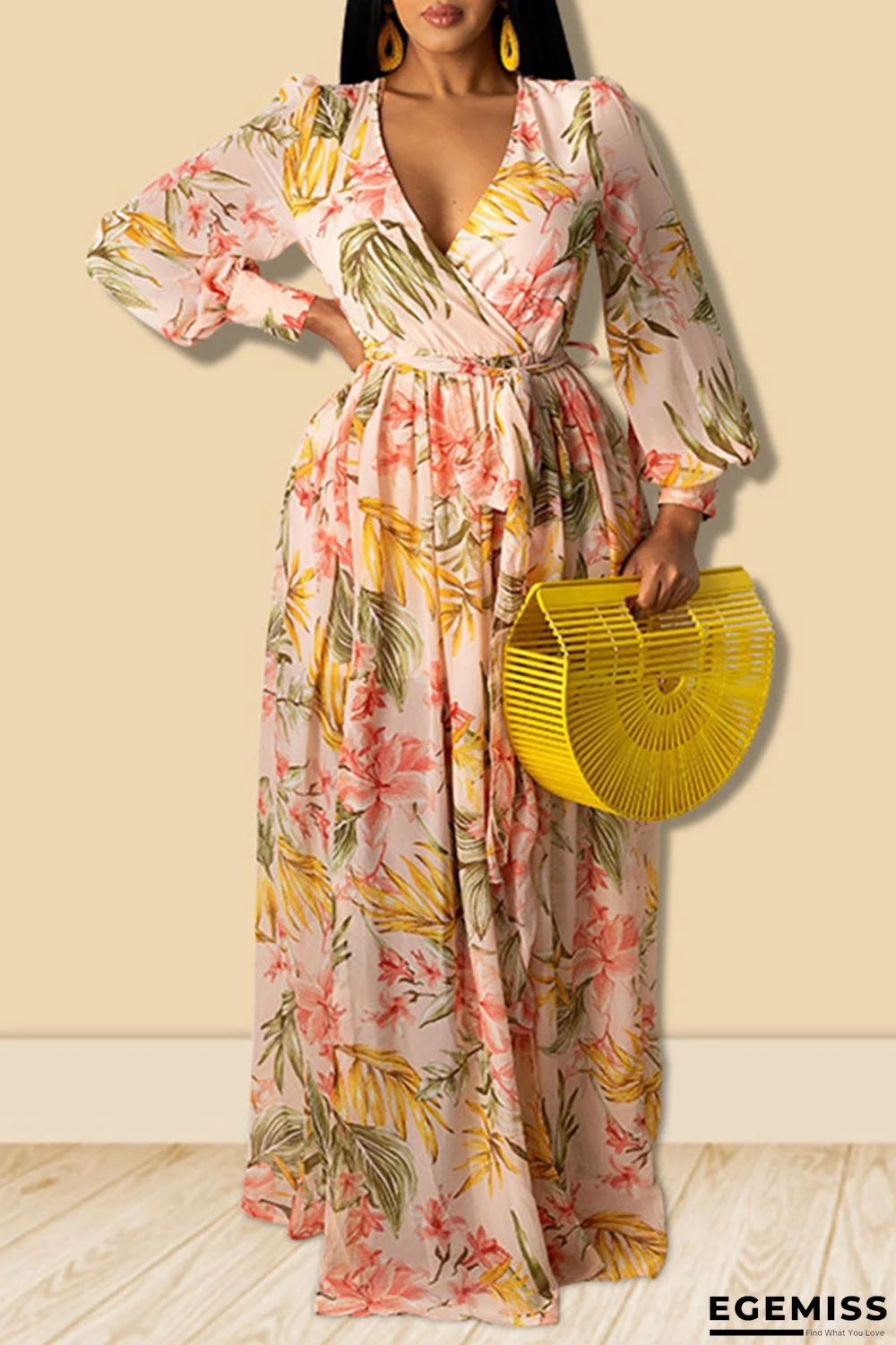 Yellow Sweet Print Patchwork V Neck Straight Dresses | EGEMISS