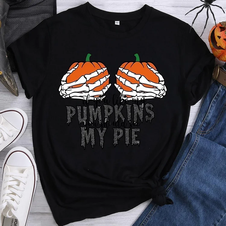 Skeleton Pumpkin Pie Round Neck T-shirt-0018592