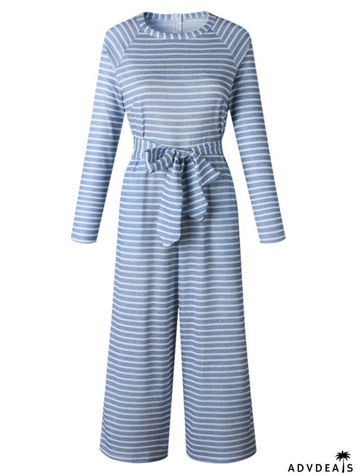 Women's Boho Striped Long Sleeve Round Neck Lace Up Rompers