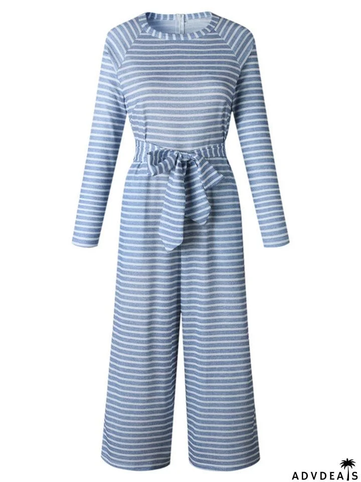 Women's Boho Striped Long Sleeve Round Neck Lace Up Rompers