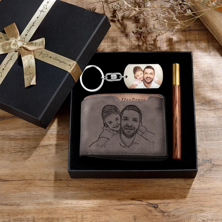 Kit de regalo-Llavero, cartera y bolígrafo con fecha y texto personalizados con 2 fotos para hombre