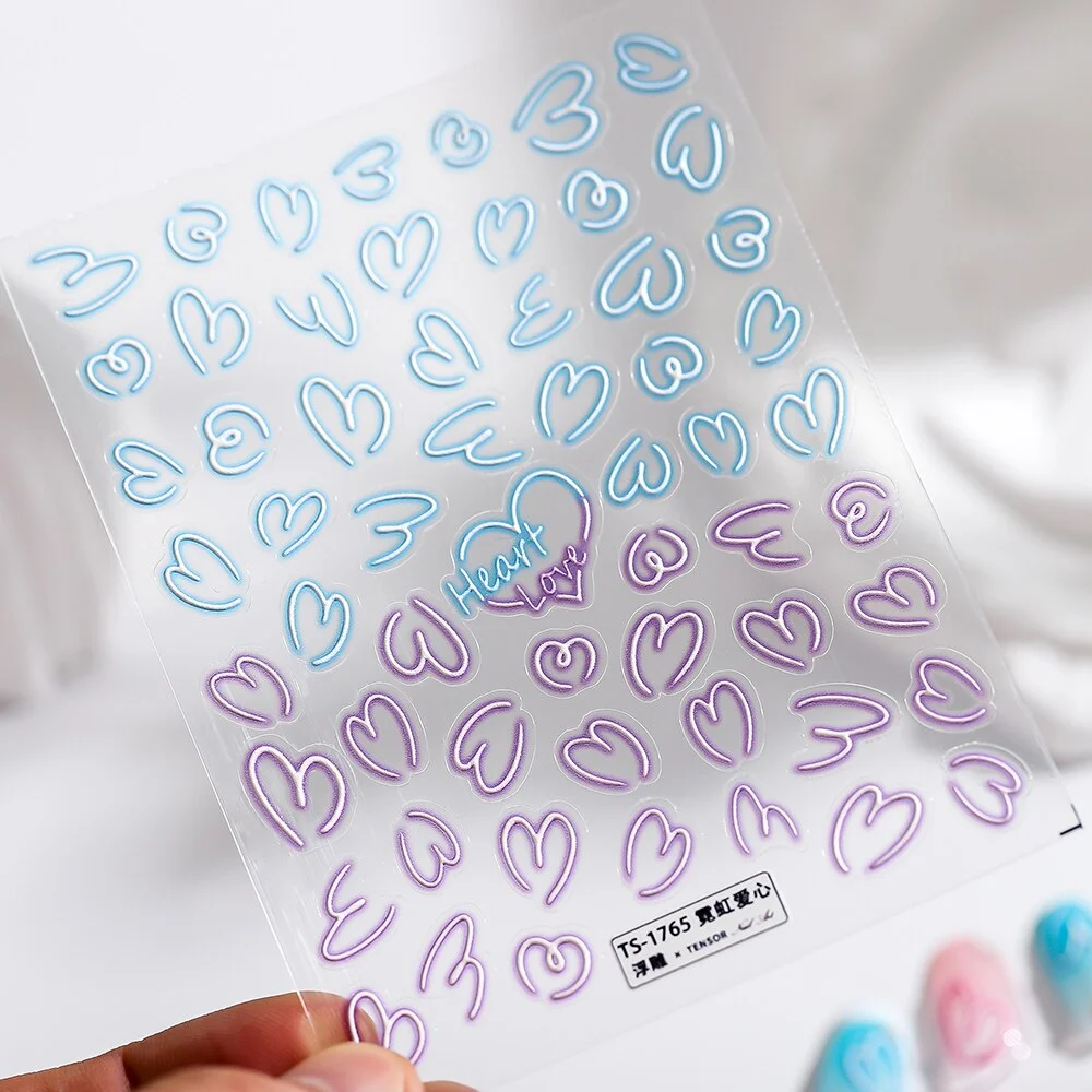 Churchf Nail Art Stickers Adhesive Sliders Pink Blue Heart DIY Line Nail Transfer Decals Foils Wraps Decorations Z0635-Nail Inspo