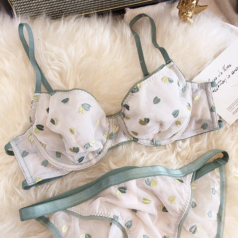Love embroidery mesh see-through sexy bra set big size sweet underwear adjusted strap women lingerie panty set home wear
