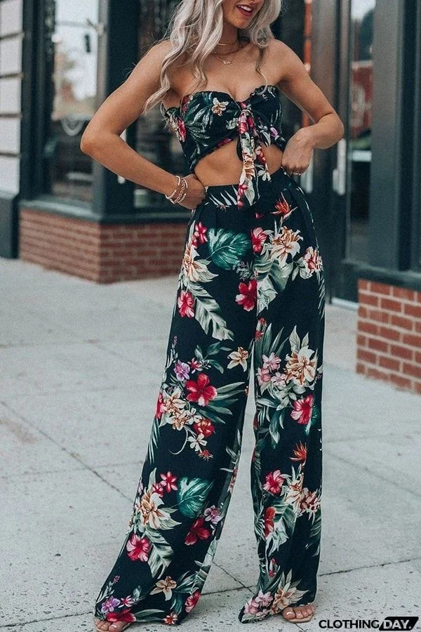 Boho Print Tube Top Wide Leg Pants Two-piece Suit