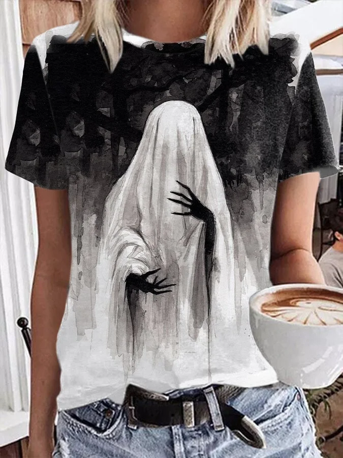 Women's Casual Ghost Art Print Short Sleeve T-Shirt