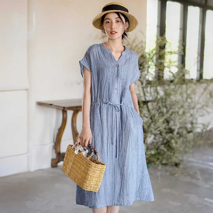 Casual Comfort Linen Solid Short Sleeve Midi Dress