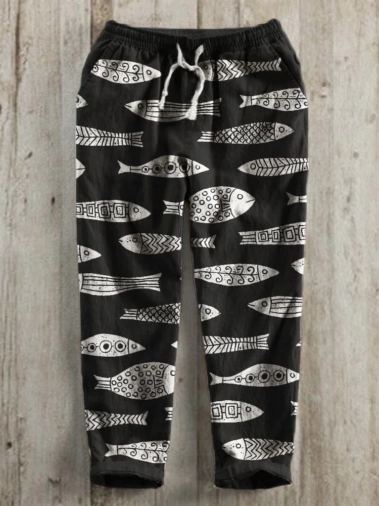 Fish Japanese Lino Art Pattern Linen Blend Casual Pants