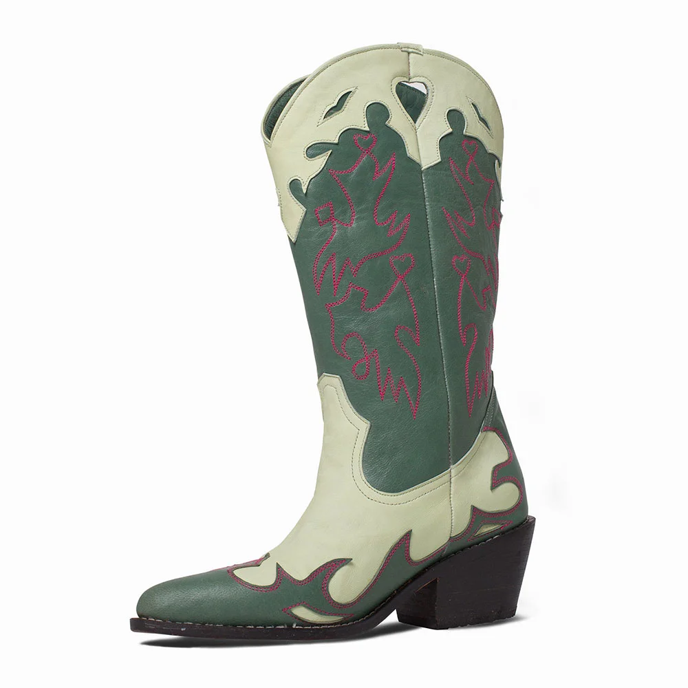Green Patchwork Chunky Heel Embroidered Western Boots for Women