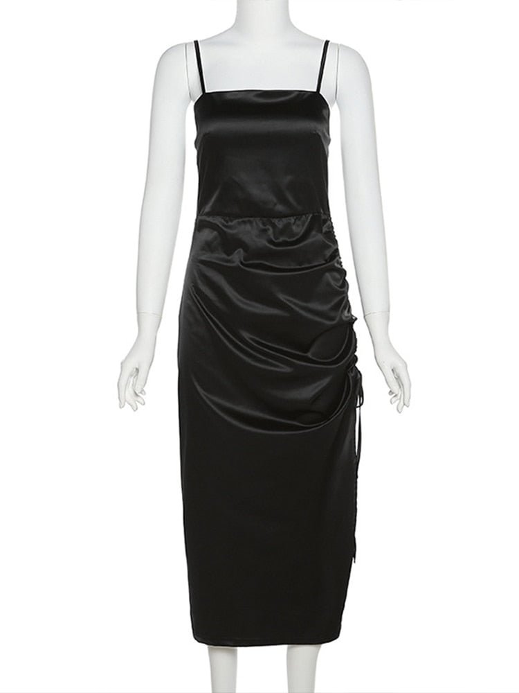 WannaThis Christmas Cami Midi Dress Women Satin Shirring Side Split Elegant Bodycon Sexy Party Chic Clubwear New Year Dress 2022