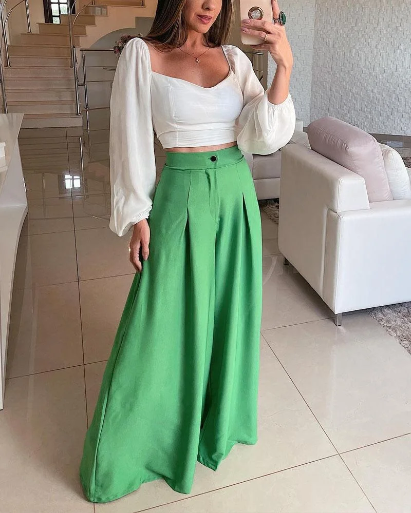 Chiffon Long Sleeve Top Wide Leg Pants Suit