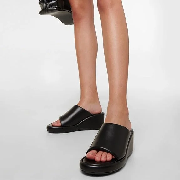 Vegan Leather Round Toe Wide Band Wedge Heel Platform Mules in Black