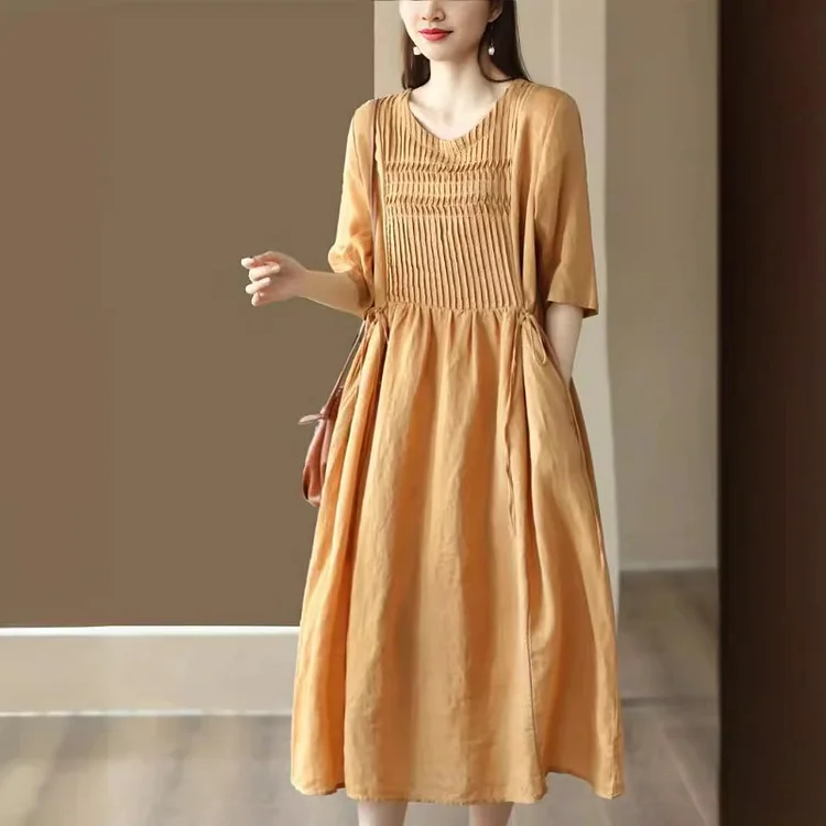 Literary Ramie Pleated Short Sleeve Dress