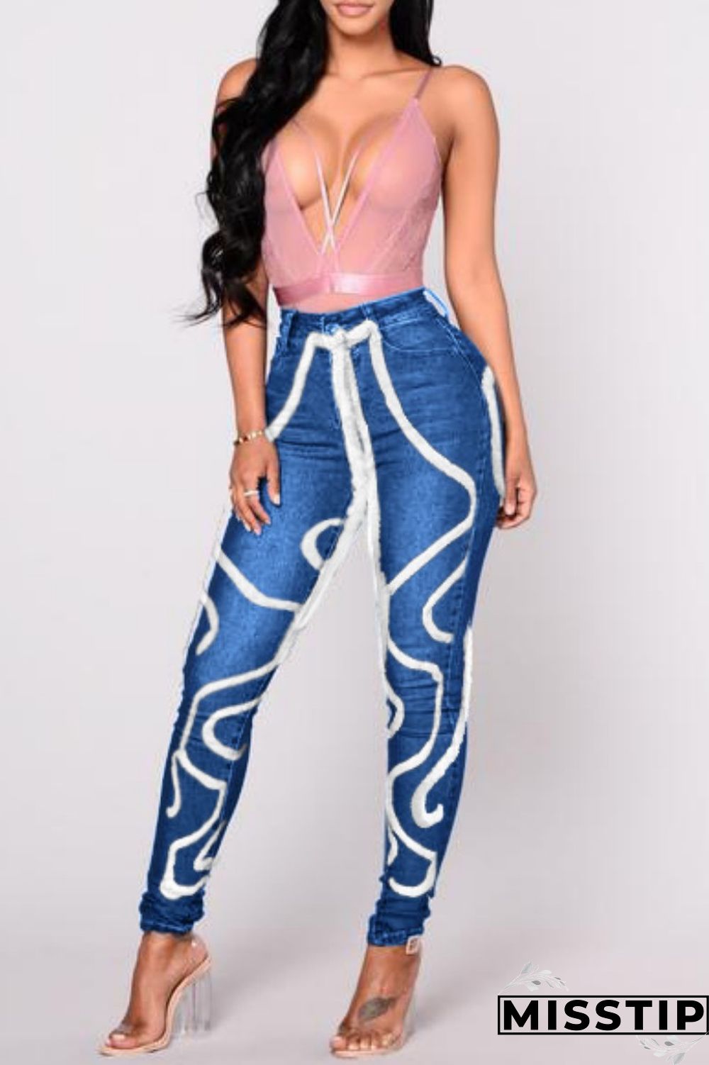 Light Blue Casual Solid Patchwork Mid Waist Regular Denim Jeans