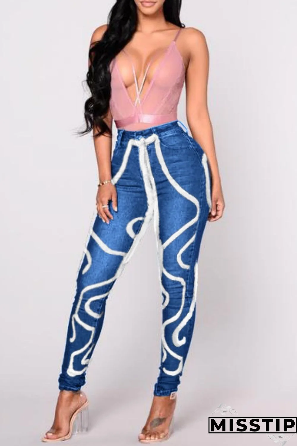 Light Blue Casual Solid Patchwork Mid Waist Regular Denim Jeans