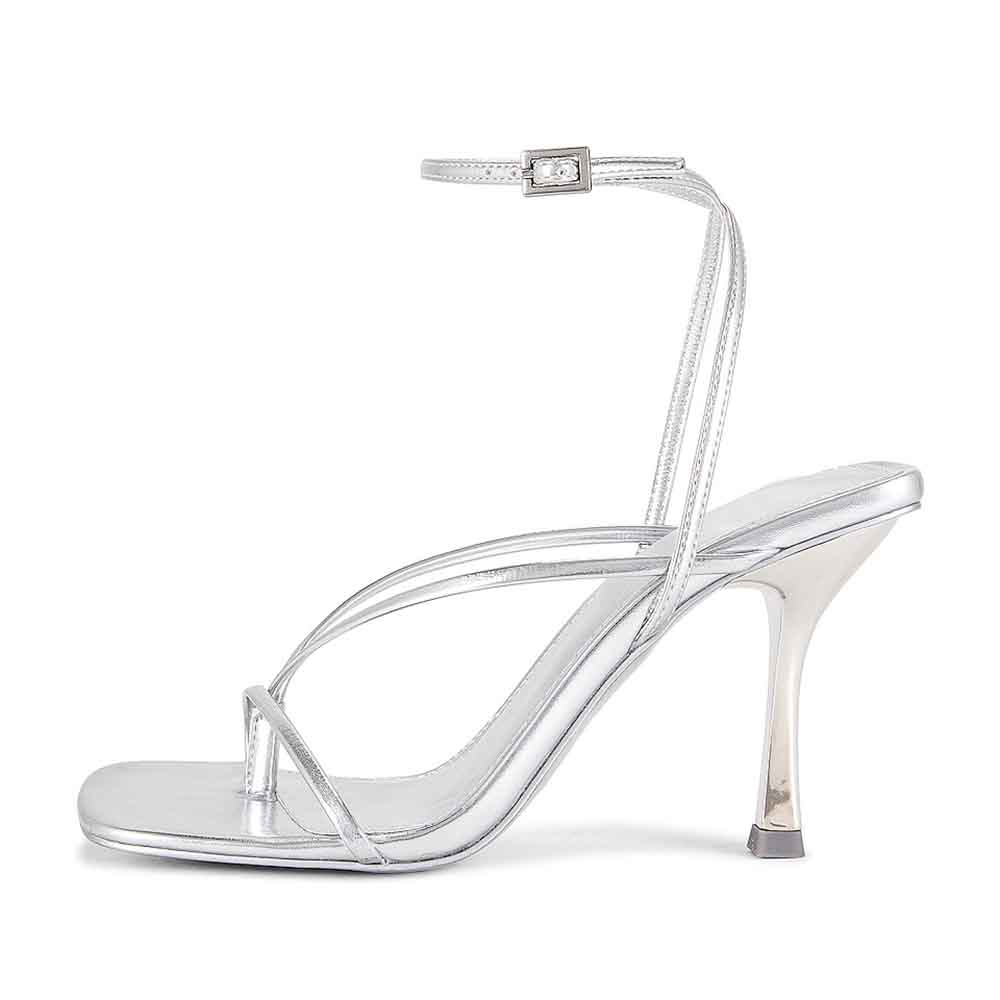Silver Vegan Leather Square Toe 3'' Stiletto Heel Ankle Strap Sandals Nicepairs