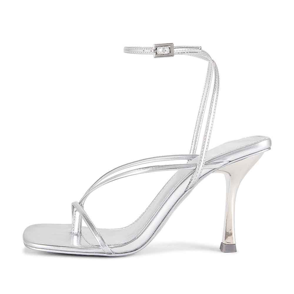 Silver Vegan Leather Opened Square Toe Ankle Strappy Sandals With Stiletto Heels Nicepairs