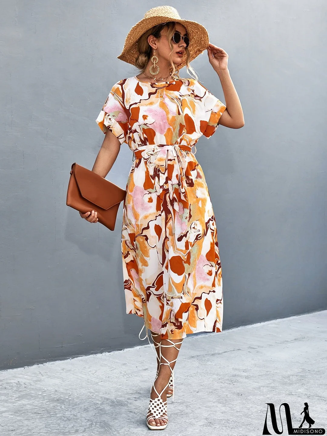 MidiSono - Round Neck Short Sleeve Tie Waist Midi Dress