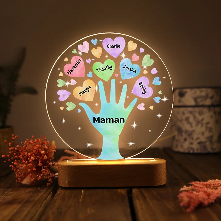 À Maman/Mamie - Lampe de chevet LED Lumières Cœur 6 Prénoms Personnalisés avec 1 Texte pour Famille Jessemade FR