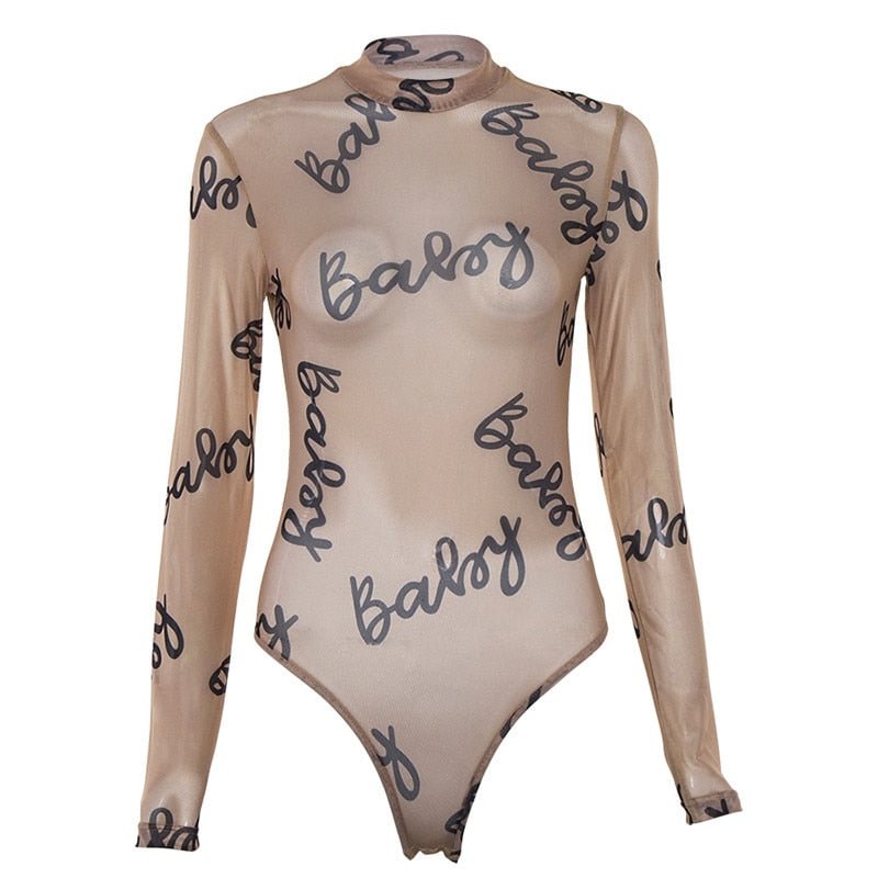 Women Jumpsuits Sexy Letter Print Transparent Mesh Bodysuits Long Sleeve See Through Baby Bodycon Rompers 2021 tops Summer