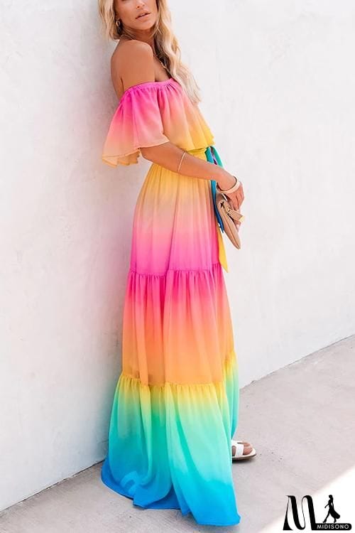 MidiSono - Gradient Off Shoulder Belted Maxi Dress