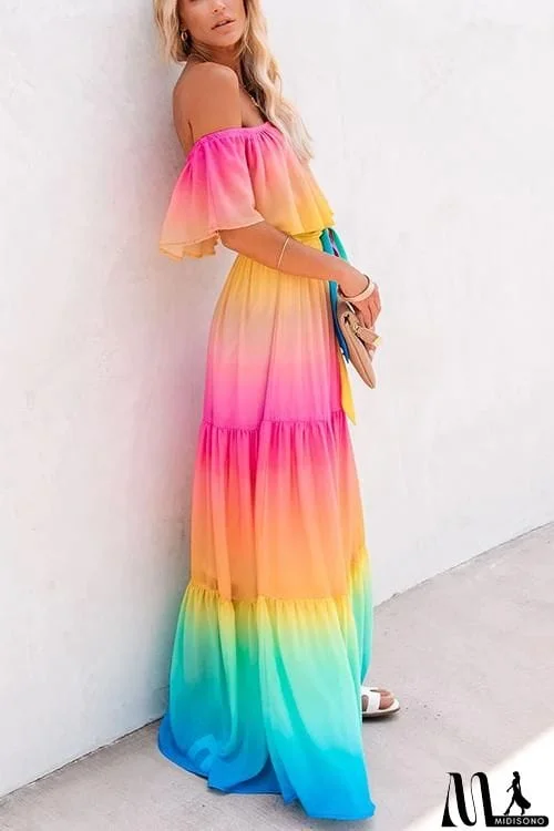 MidiSono - Gradient Off Shoulder Belted Maxi Dress