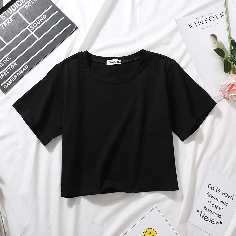 2020 Summer Short Sleeve T Shirts Women Cotton Solid T-shirt O Neck High Waist Crop Top Tee Female Casual Loose T Shirt