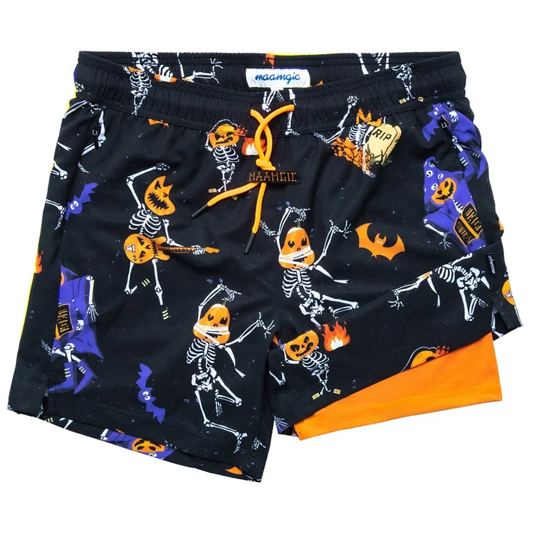 5.5 Inseam 2 in 1 Stretch Short Liner Halloween Black Swim Shorts