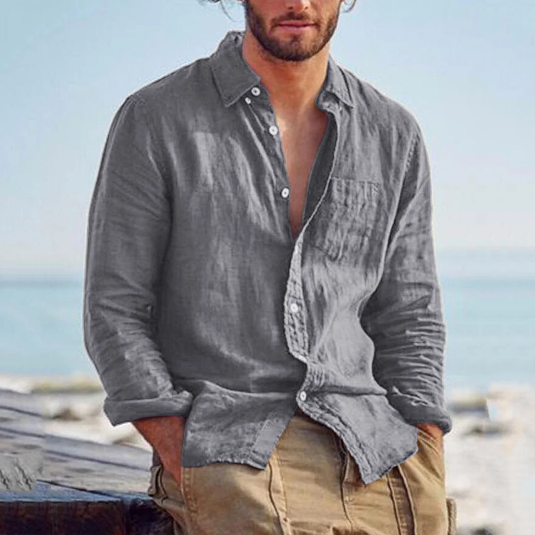 Men's Retro Casual Pocket Cotton Linen Men's Long Sleeve Shirt