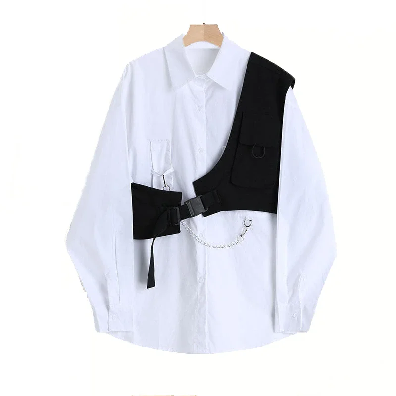Woherb Spring Autumn 3 Piece Suit Set Harajuku BF Loose White Blouse+Vest+Chian Cargo Pants Unisex Streetwear Cargo Pants