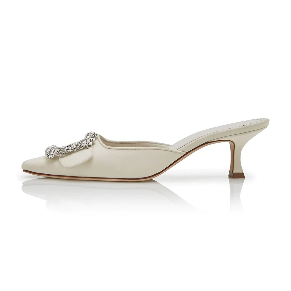 Ivory Pointed Toe Slip-On Mule Kitten Heels with Crystal Buckle