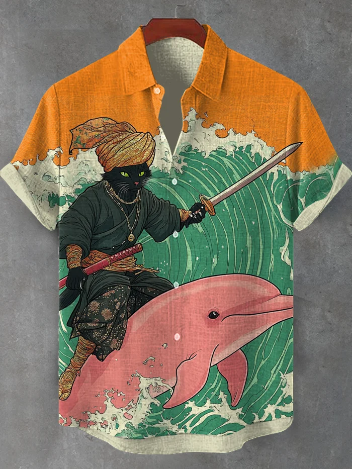 Men's Japanese Art Sea Wave Cat Pink Dolphin Print Short Sleeve Shirt