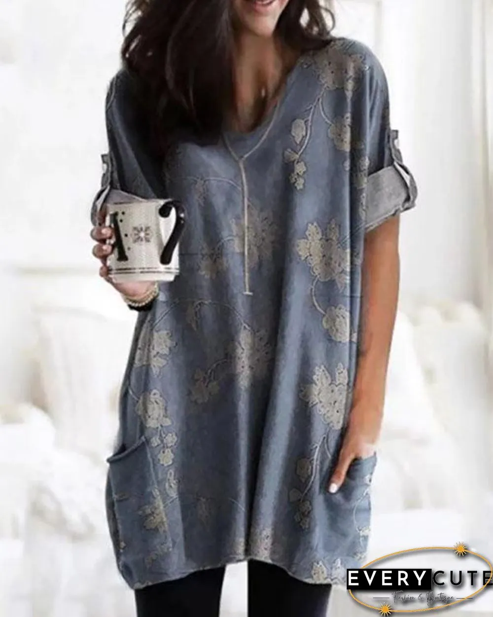 Temperament Printed V-Neck Loose Long Sleeve T-Shirt