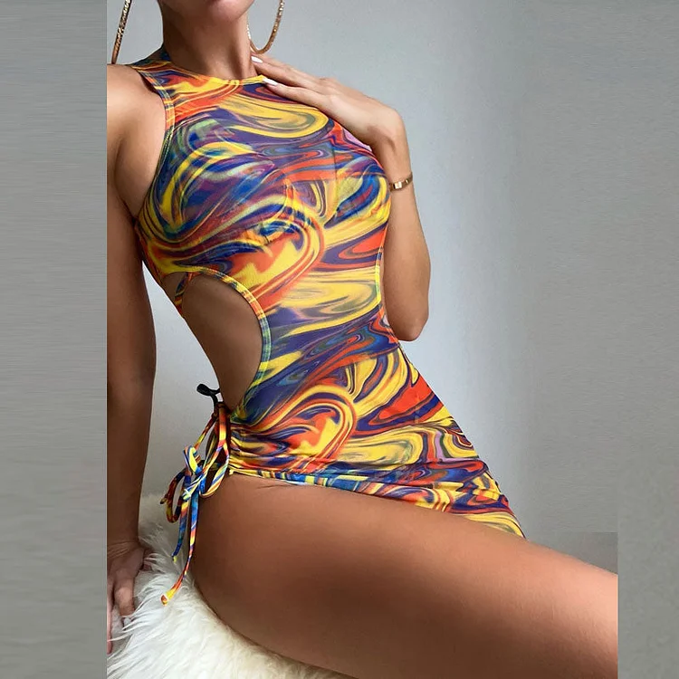 Print Sleeveless 2PCS Bikini Set With Cover Up Dress - IRBOOM Fashion Clothing