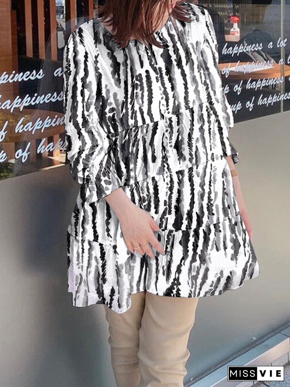 Stripe Round Neck Ruffle Long Sleeve Blouse