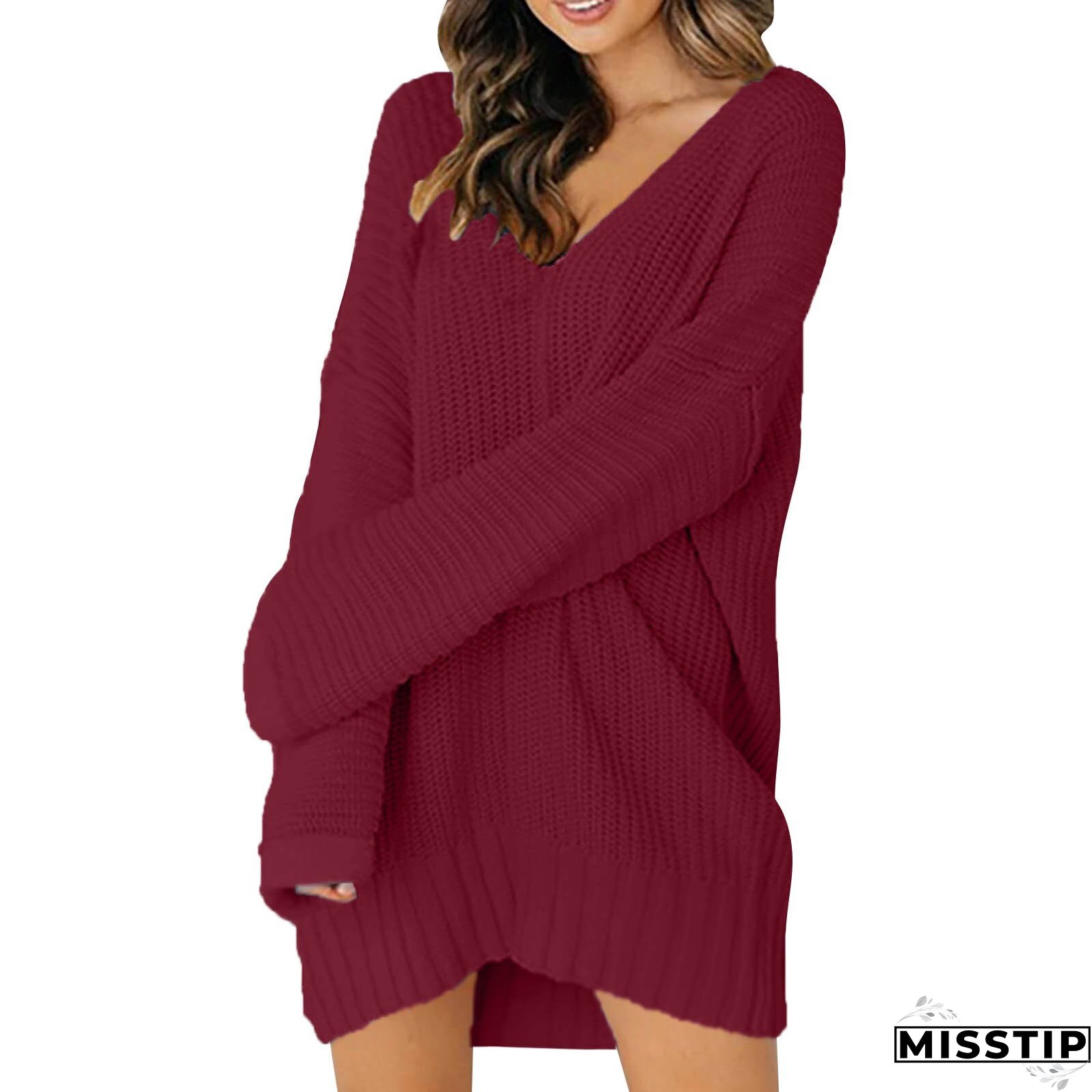Fashion Loose V Neck Casual Solid Knit Sweater
