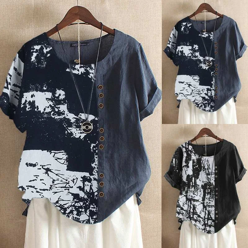 2022 Women's Printed Blouse ZANZEA Vintage Patchwork Tops Casual Summer Short Sleeve Shirts Female O Neck Blusas Top