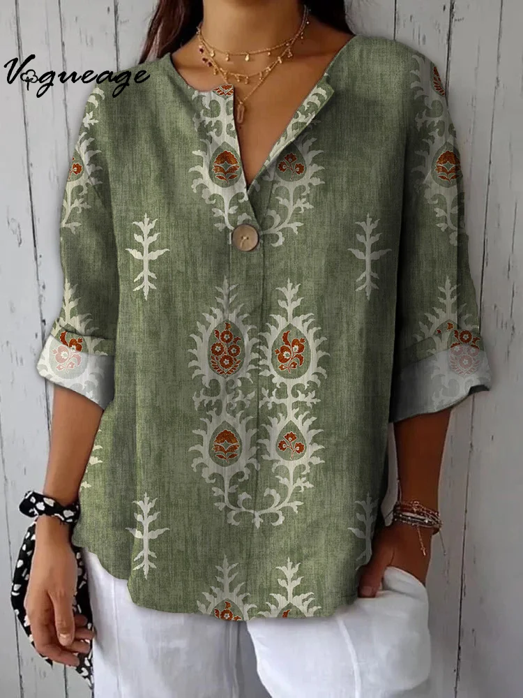 Simple Elegant And Intellectual Plants Printed Cotton And Linen Shirt