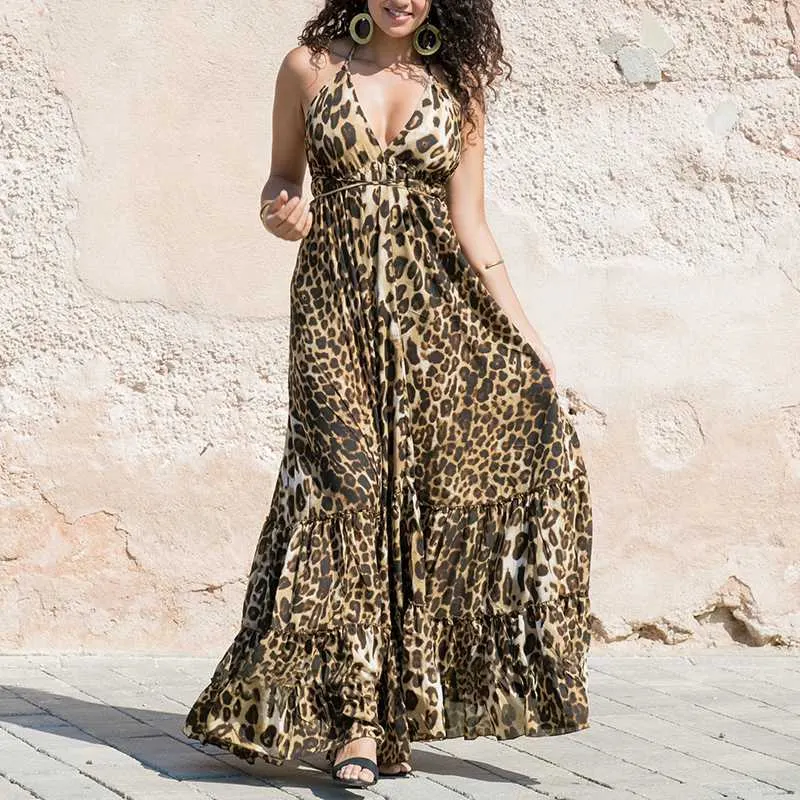 Female Leopard Print Beach Sexy Suspender Dress-vocosishoes