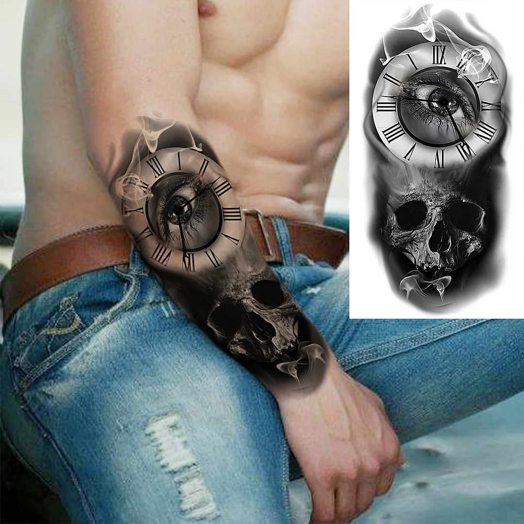 Sdrawing Realistic Black Devil Temporary Tattoos For Men Adult Tiger Pirate Skeleton Vampire Fake Tattoo Forearm Scary Tatoo Joker