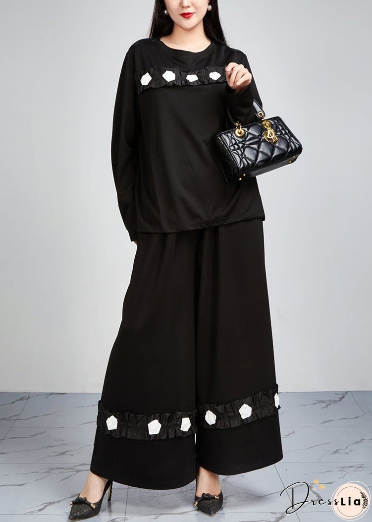 Loose Black Pockets Tops And Wide Leg Pants Cotton Two-Piece Set Fall