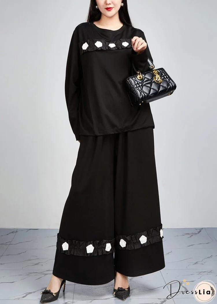 Loose Black Pockets Tops And Wide Leg Pants Cotton Two-Piece Set Fall