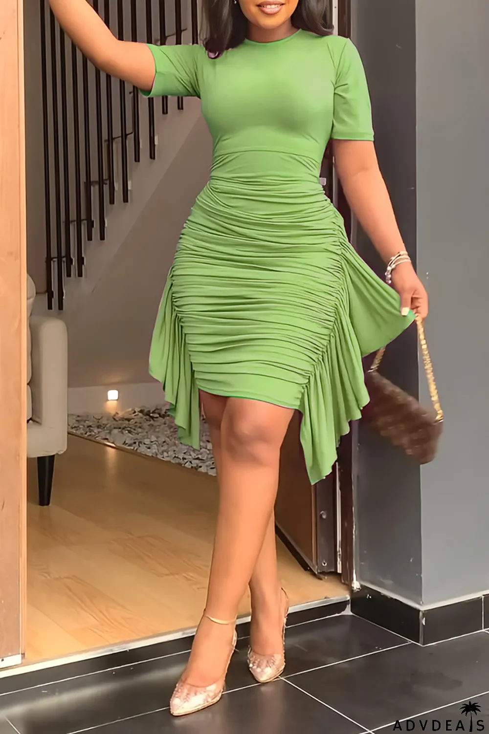 Brown Fashion Solid Flounce Fold O Neck Pencil Skirt Dresses