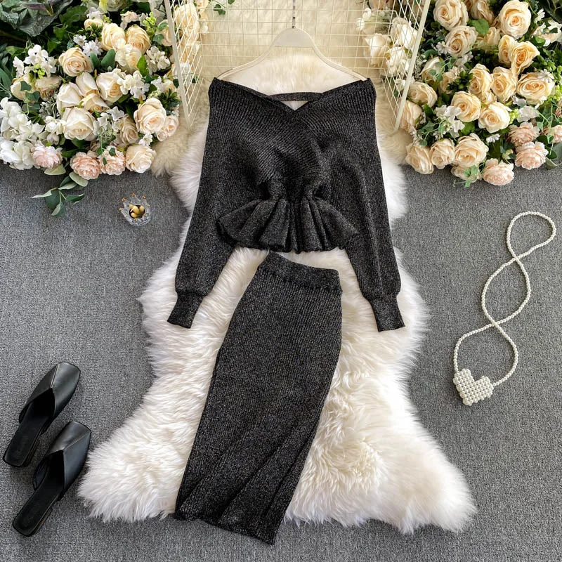 2022 Women Korean New Style Cross V-neck Puff Sleeve Short Waist Top + Elastic High Waist Pleated Skirt Knitting Two Piece D040