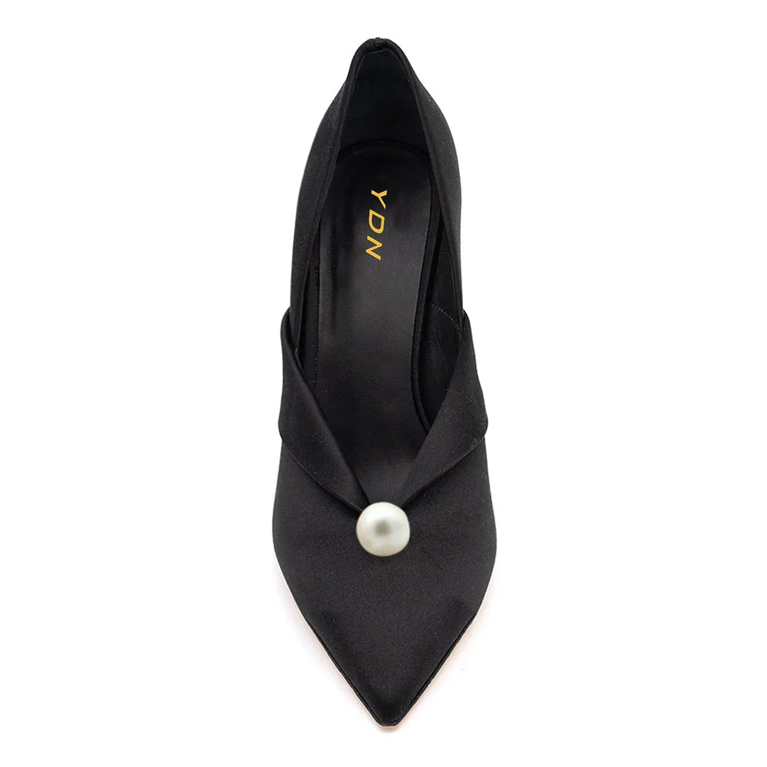 Black Satin Pointed Toe Folded Over Pearl Stiletto Heel Pumps Shoes