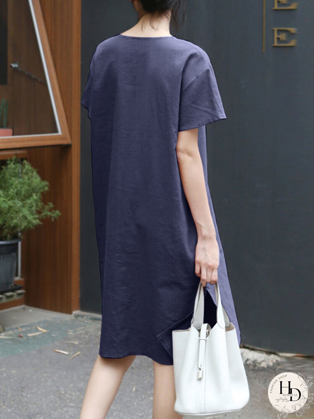 Solid Pocket Slit Hem V-neck Rolled Short Sleeve Dress
