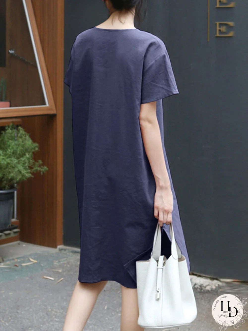 Solid Pocket Slit Hem V-neck Rolled Short Sleeve Dress