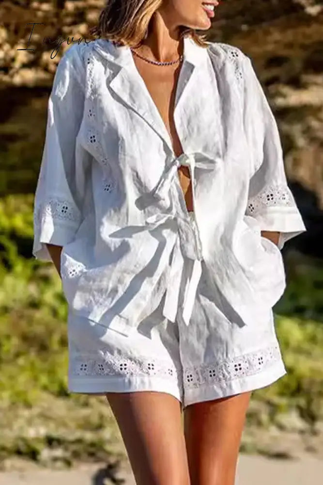 Casual Solid Pocket Frenulum With Bow V Neck Short Sleeve Two Pieces White / S Pieces/Two-Piece Set