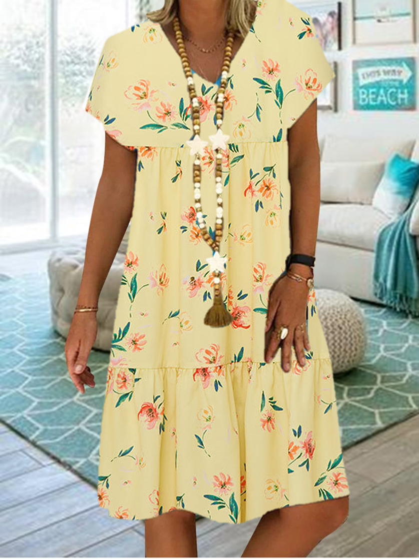 Women Half Sleeve V-neck Solid Color Dress